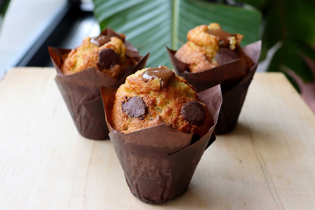 Muffins aux pépites de chocolat et insert pâte à tartiner noisette maison